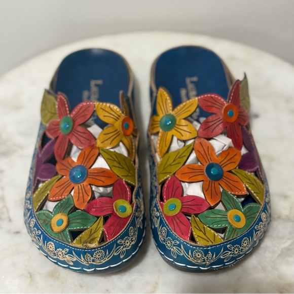 Laura Vita Mules Billy 52 Turquoise Leather Shoes Floral Size 9 Women’s - Picture 7 of 12